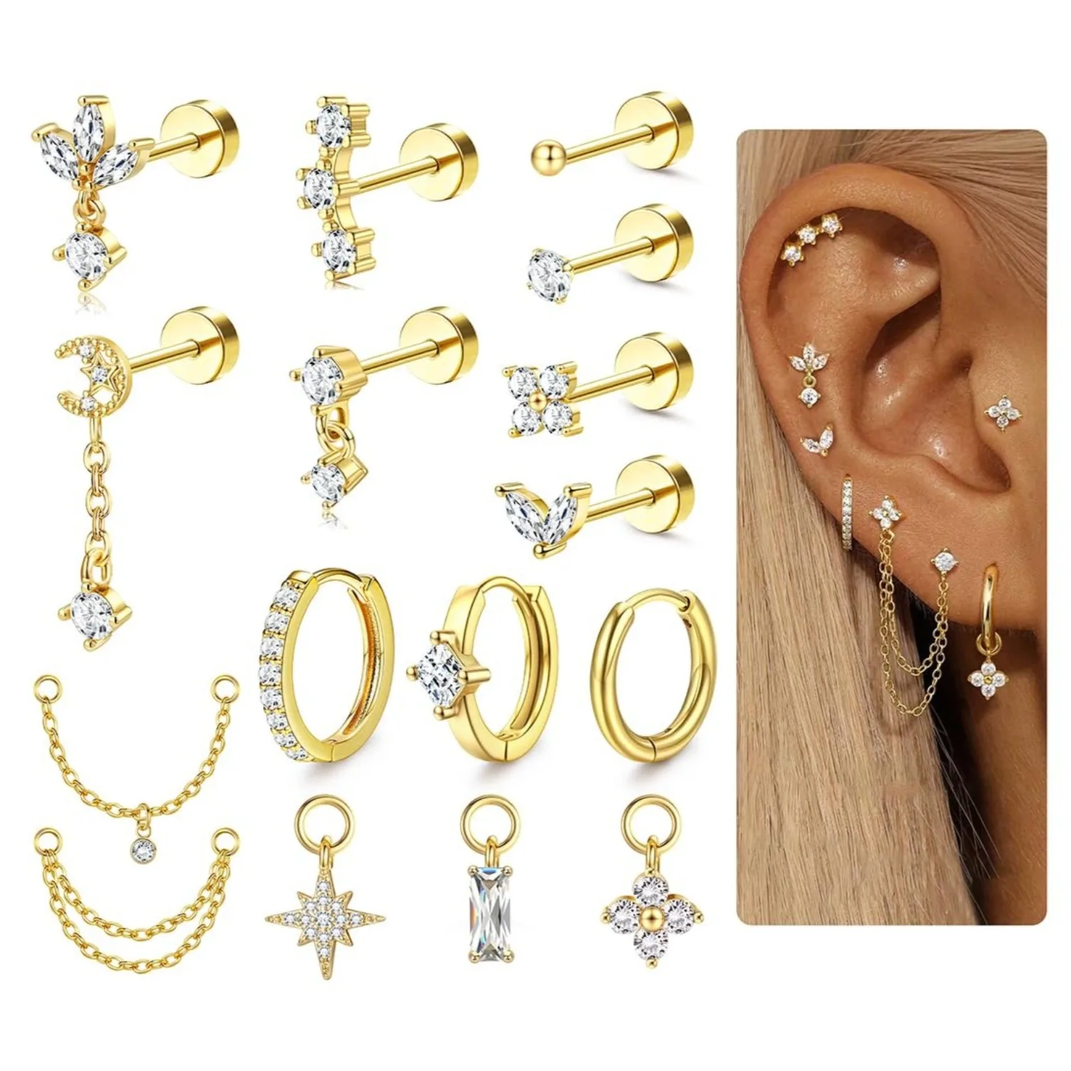 Body Jewelry Surgical Steel - Kadınlar için 16 Ölçü Kıkırdak Küpeleri,